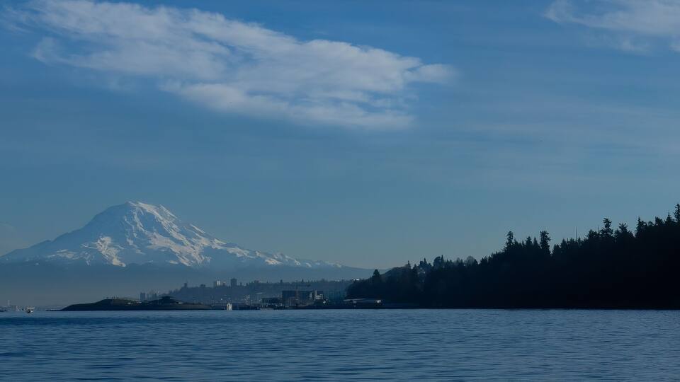A snow-capped mountain, a body of water, and a forested coastline.