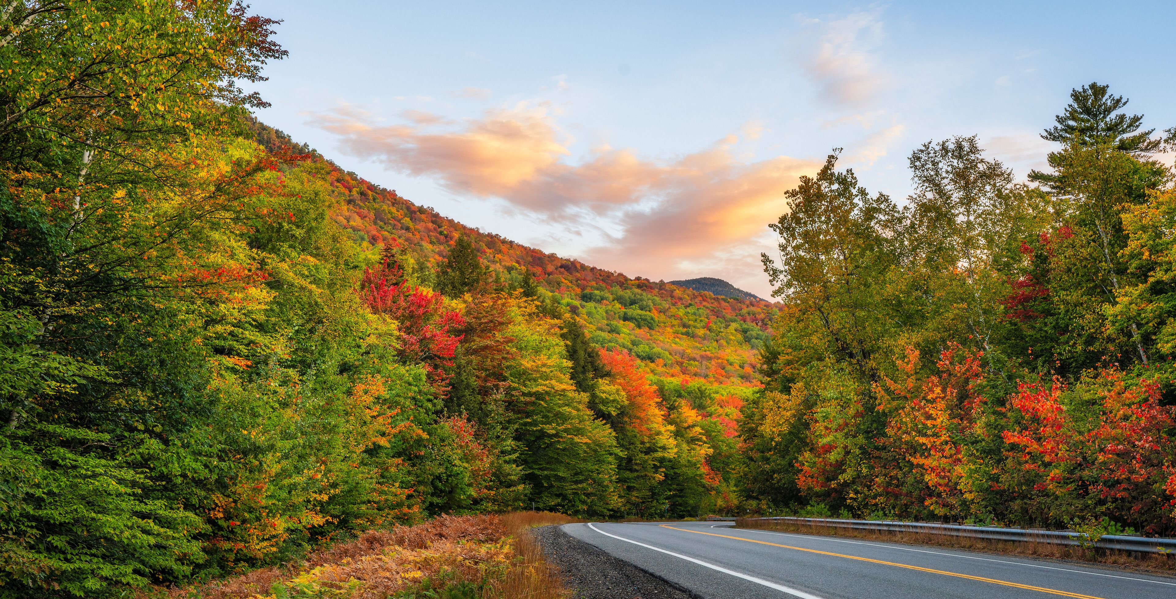 A winding road through a forest with autumn foliage.