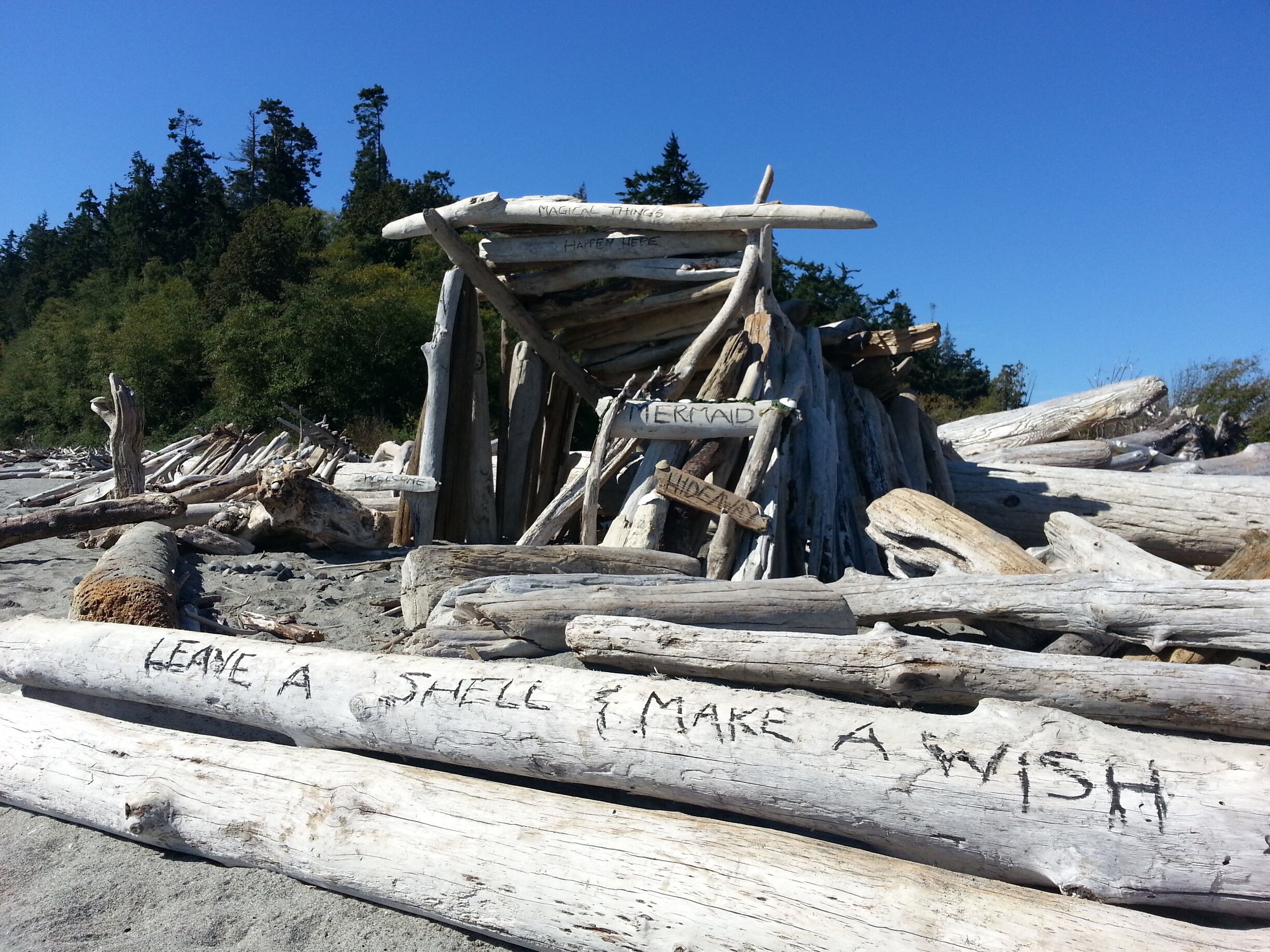 Driftwood arranged in a structure with signs labeled 'MAGICAL THINGS,' 'HAPEN HERE,' 'MERMAID,' 'LEAVE A SHELL,' and 'MAKE A WISH.'