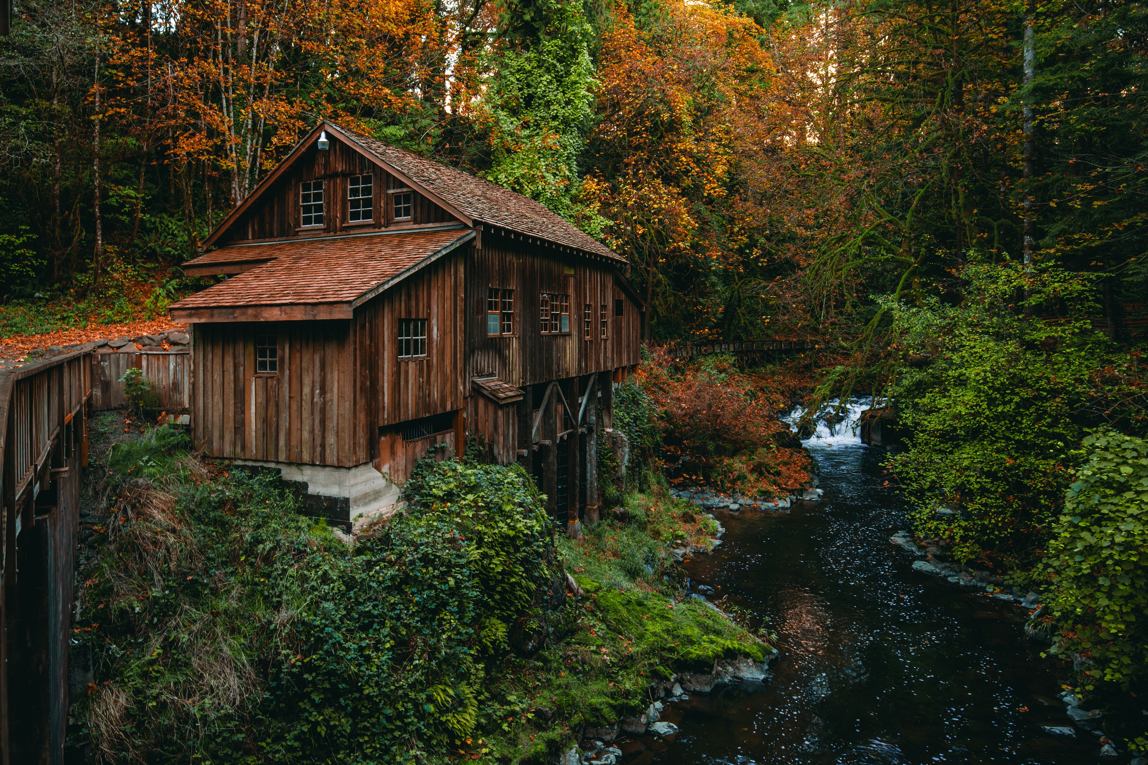 Historic Grist Mill Surrounded by Autumn Colors in Washington