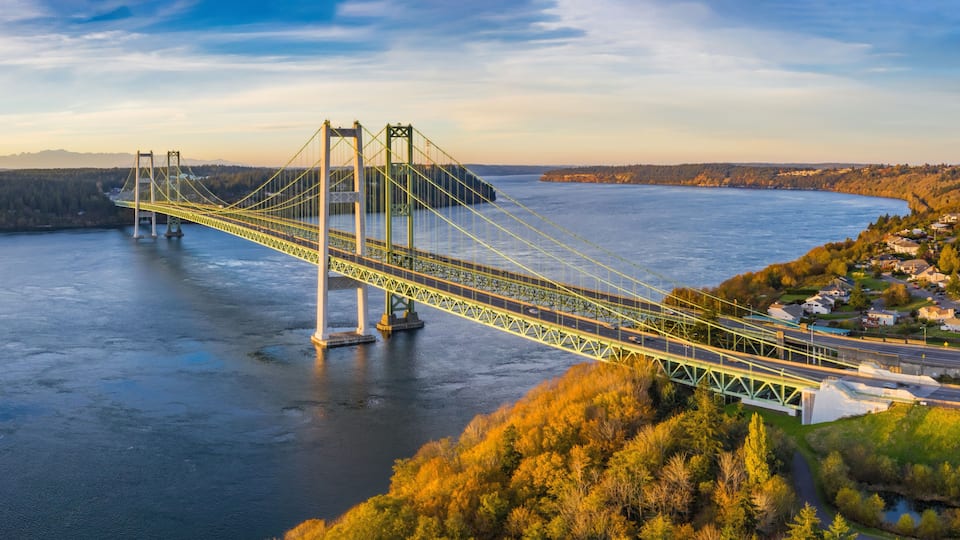 A large suspension bridge spanning a wide river, with a forested hillside on one side and a residential area on the other.