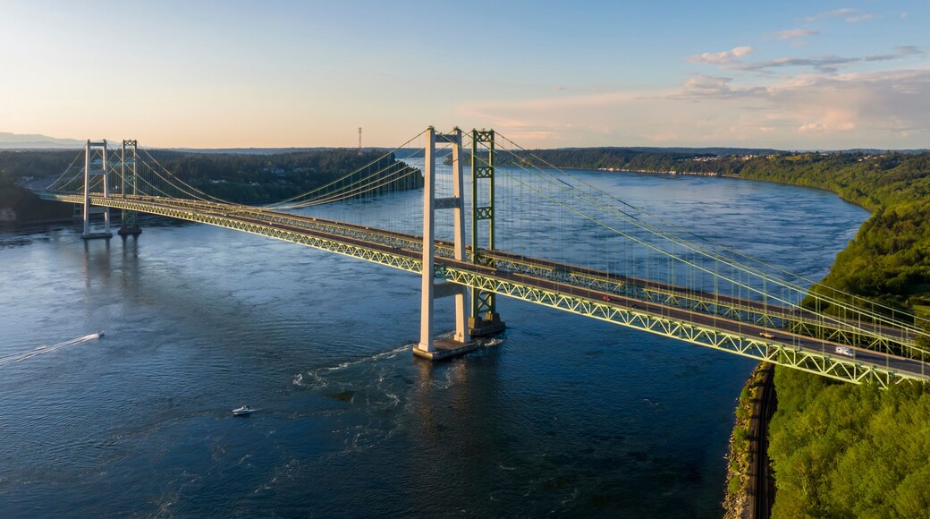Aerial view of the Narrows bridge in Tacoma Washington