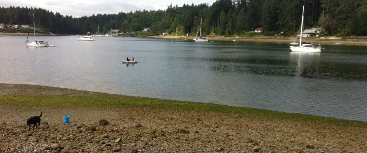 A calm lake with boats, a rocky shore, and a forest in the background.