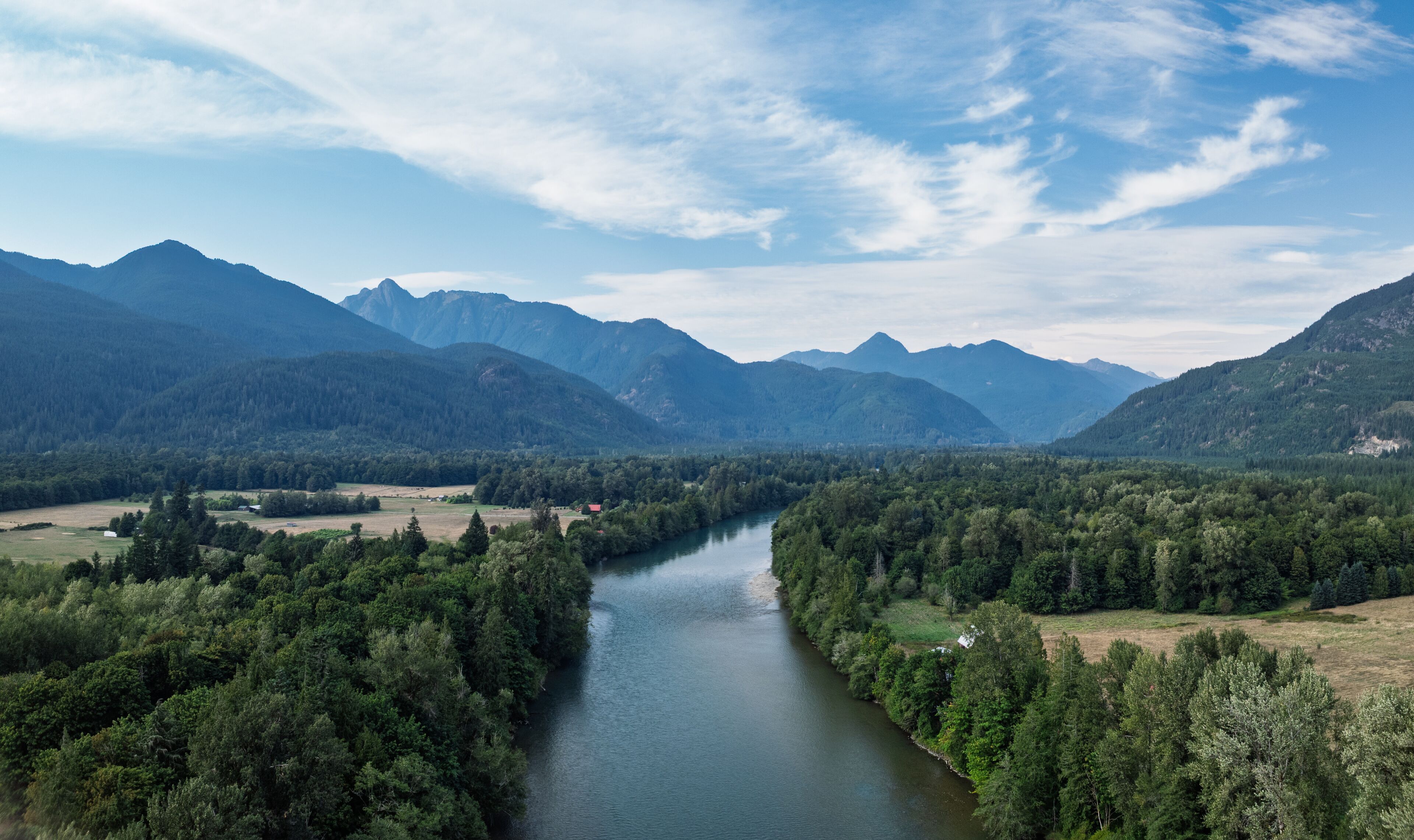 Aerial view of Skagit River at Marblemount outside the National Park in Washington State
