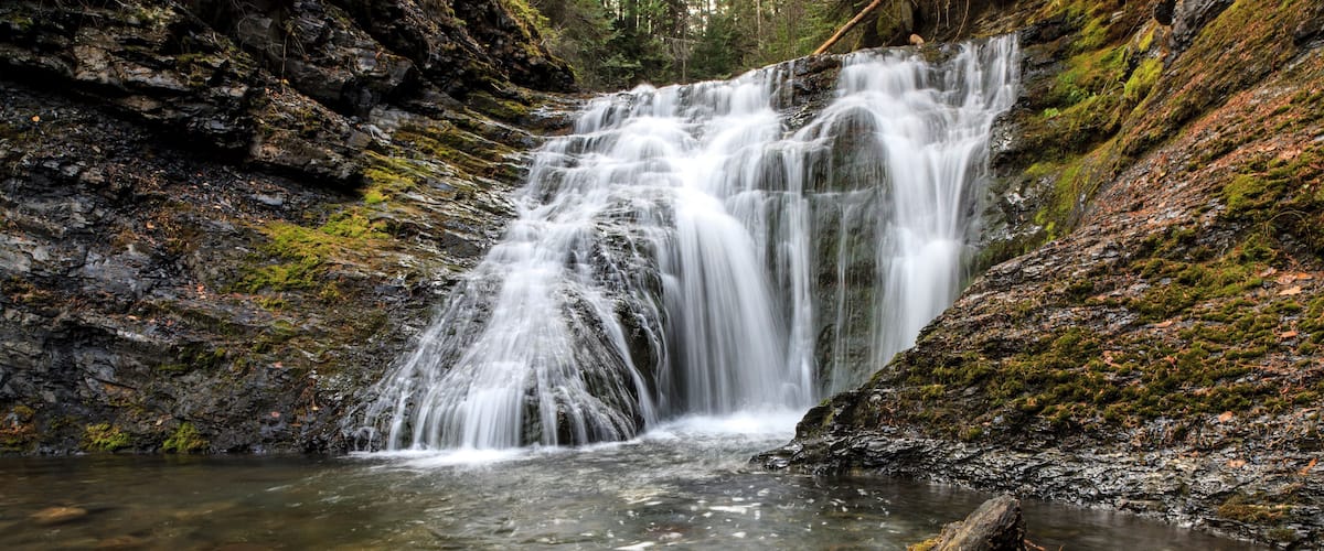 A waterfall cascading over rocks in a forested area.