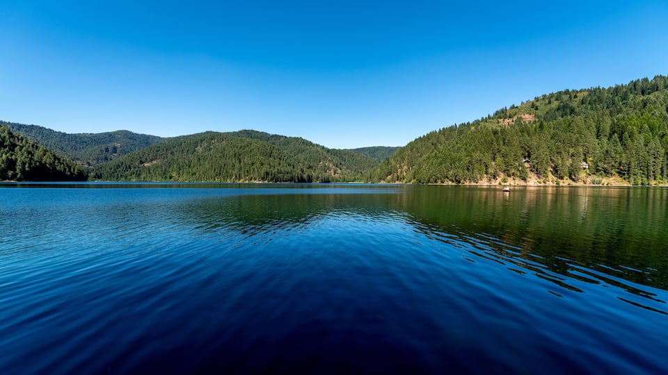 A calm lake surrounded by forested hills under a clear blue sky.