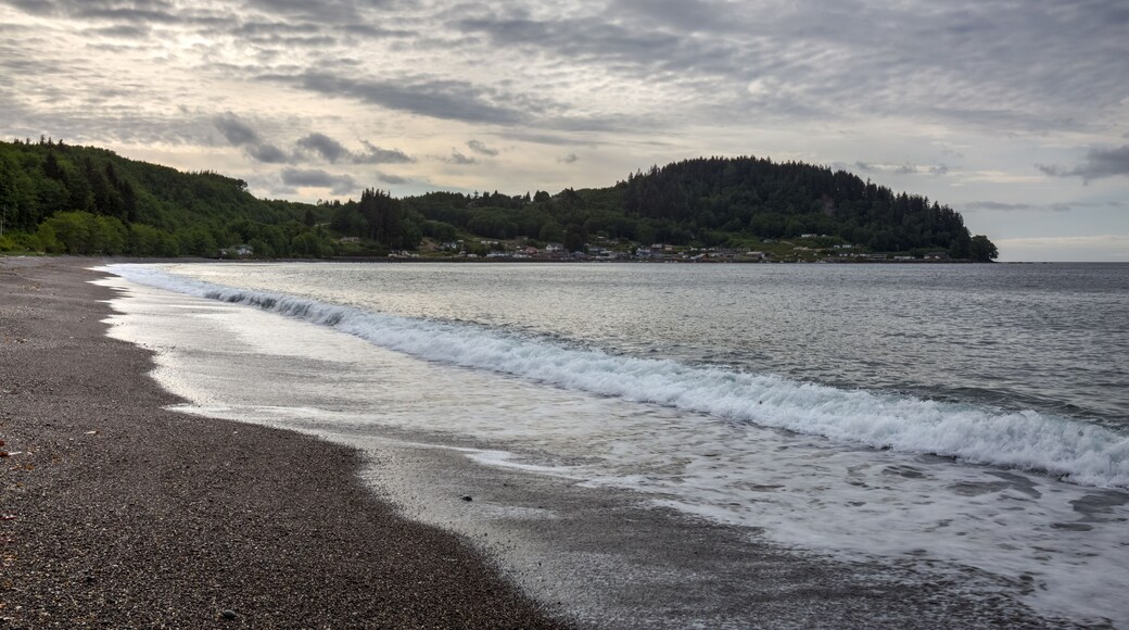 View of Sekiu, Washington, from the beach along the Straith of Juan de Fuca Highway, on a cloudy morning.
