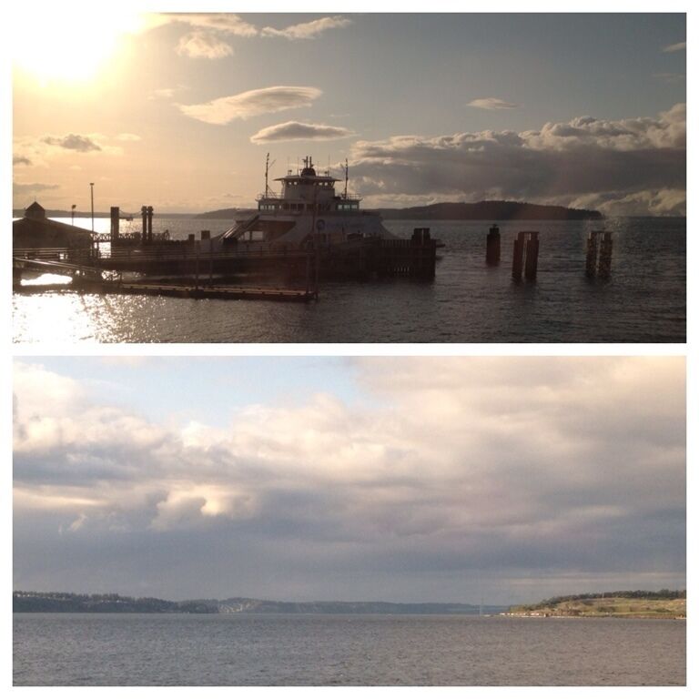 A ferry and a view of the Tacoma Narrows, both taken near Steilacoom on a scenic train ride from Portland to Seattle.