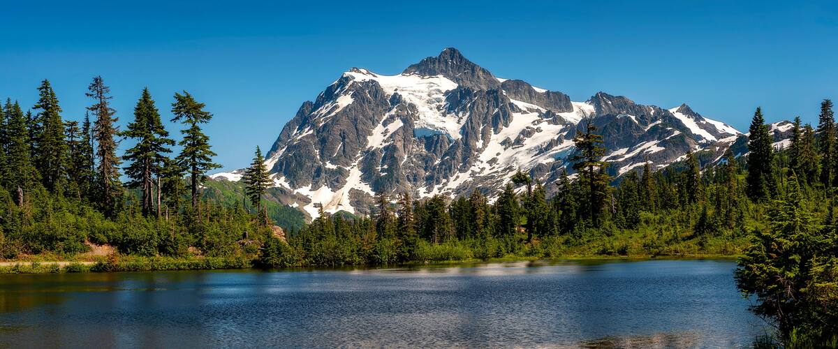 Picture Lake with Mount Shuksan in the Background. This Lake is the centerpiece of a strikingly beautiful landscape in the Heather Meadows area of the Mt. Baker recreation area.