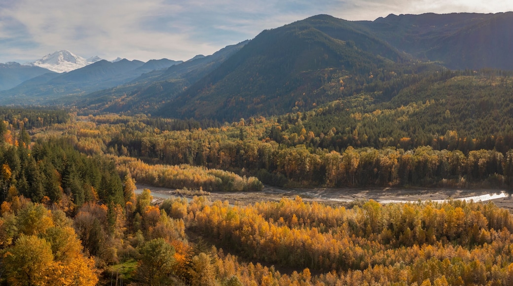 Aerial View of the Magnificent Nooksack River Valley During the Autumn Season. Fall color adds to this beautiful scenic drive up the Mt. Baker Highway to the recreation area of the Pacific Northwest.