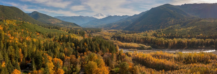 Aerial View of the Magnificent Nooksack River Valley During the Autumn Season. Fall color adds to this beautiful scenic drive up the Mt. Baker Highway to the recreation area of the Pacific Northwest.