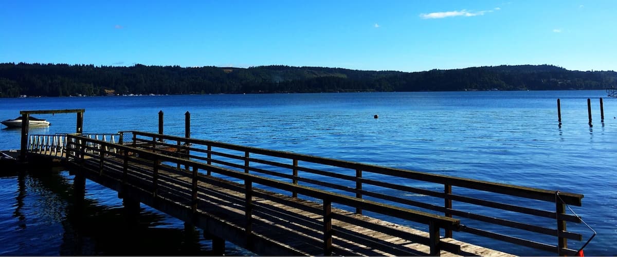 A wooden pier extending into a calm lake with a clear blue sky and a forested hill in the background.