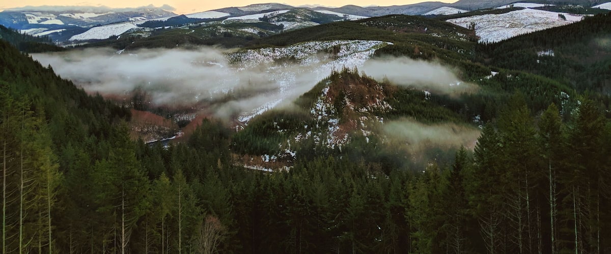 A mountainous landscape with snow-covered peaks, dense forests, and a valley with mist.