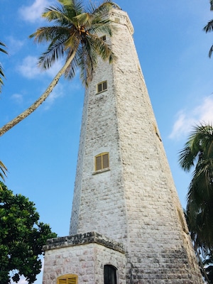 A tall, white stone lighthouse with two windows, surrounded by palm trees and a clear blue sky.