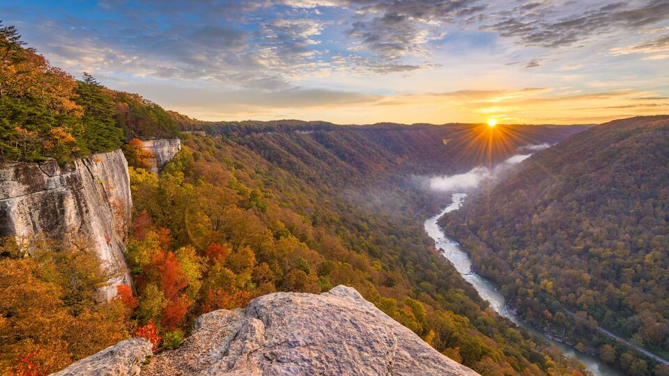 New River Gorge, West Virgnia, USA autumn morning lanscape at the Endless Wall.