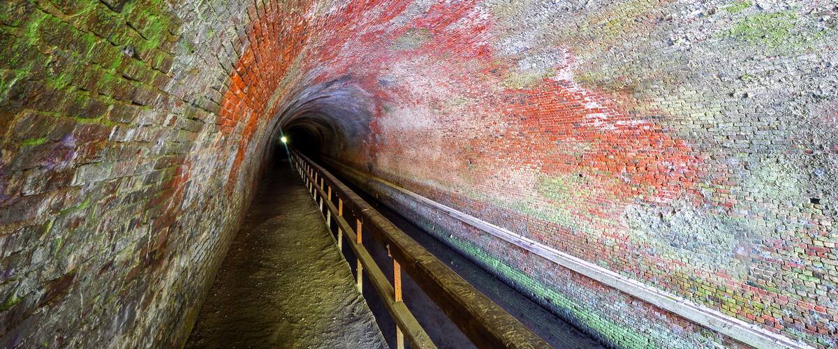 A brick tunnel with a metal railing and a green moss-covered wall.