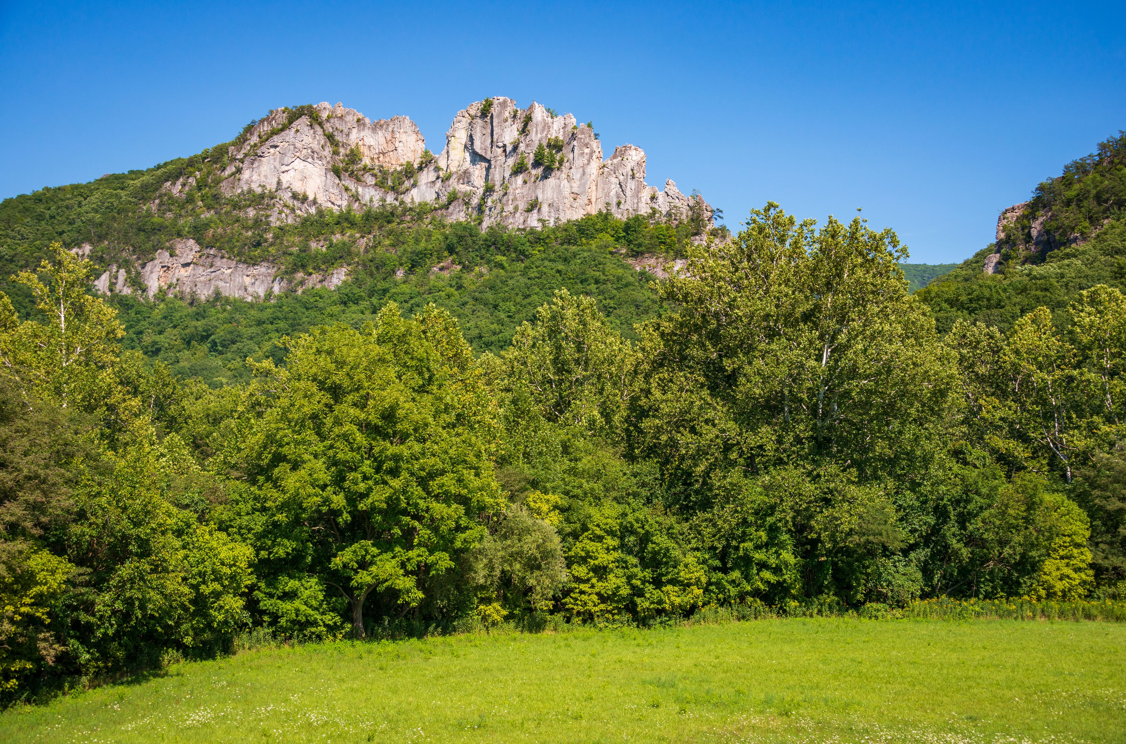 Paisagem montanhosa com florestas verdejantes e penhascos rochosos.
