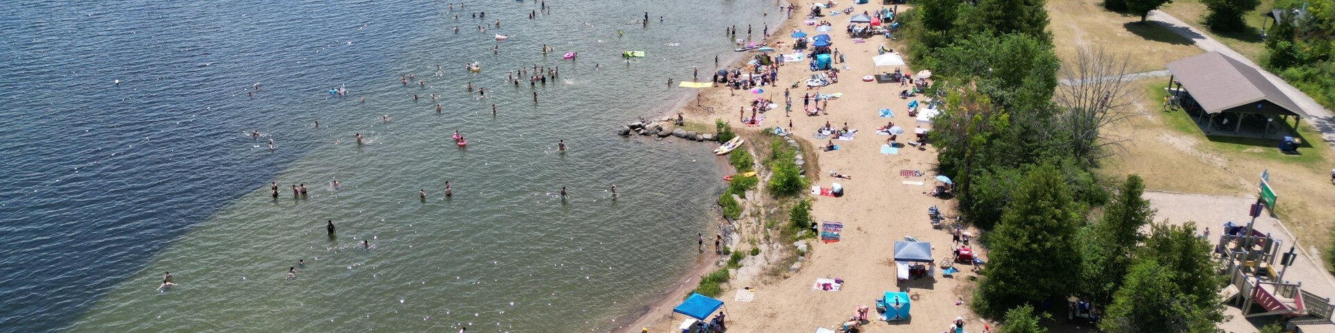 Una playa junto al lago con gente nadando y tomando el sol, rodeada de un bosque frondoso.