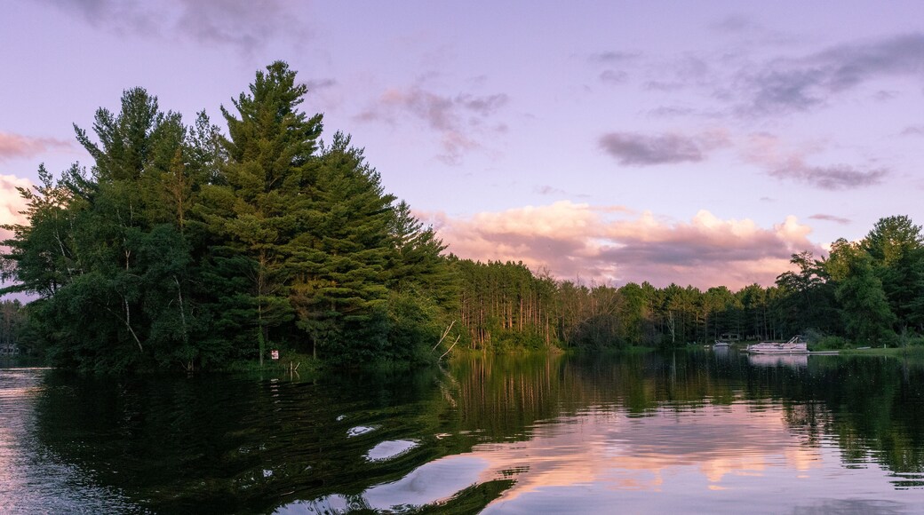 View of Hidden Springs Lake and shoreline lined with woods in Neshkoro, Wisconsin taken on July 5, 2024.