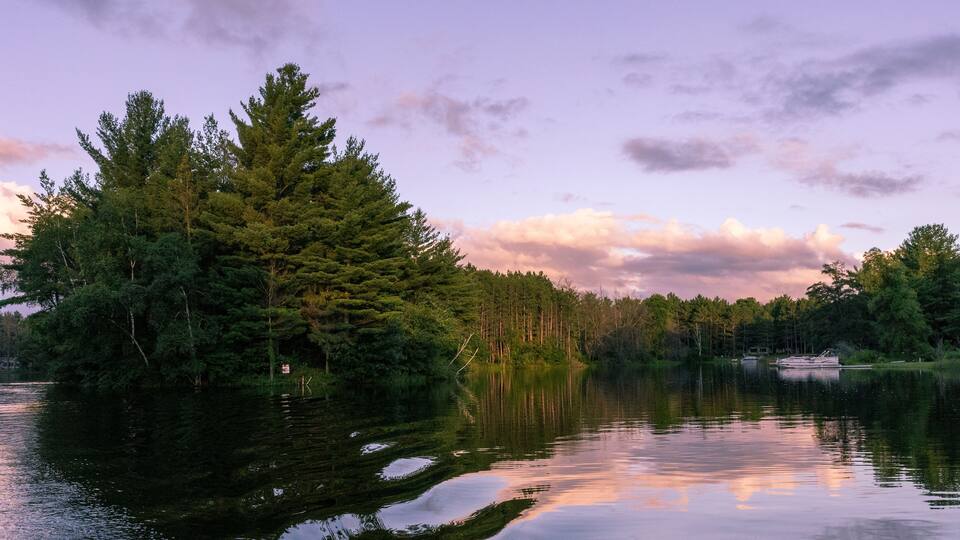 A serene lake surrounded by dense forest and a boat dock.