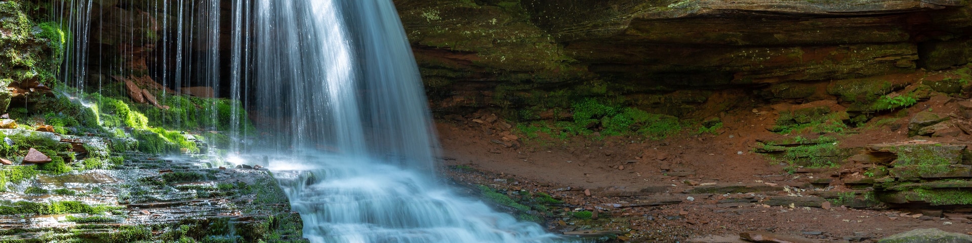 Une cascade d’eau se déversant sur des rochers couverts de mousse, dans un bassin peu profond.