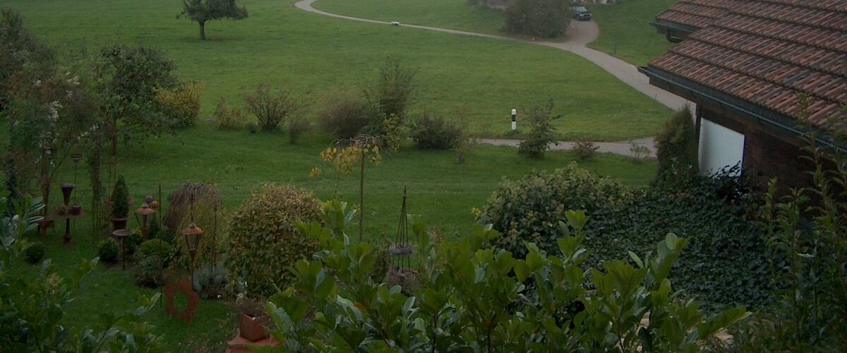 A rural landscape with rolling hills, a winding path, and traditional houses.