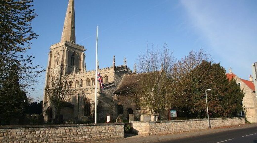 St Martin's parish church, Ancaster, Lincolnshire: view from the southeast, showing the 14th-century west tower and spire
