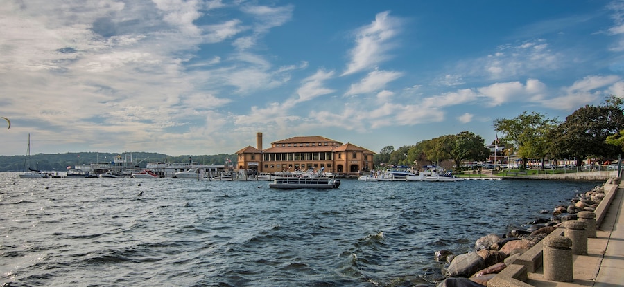 Riviera shops and boat house view in Geneva Town of Wisconsin