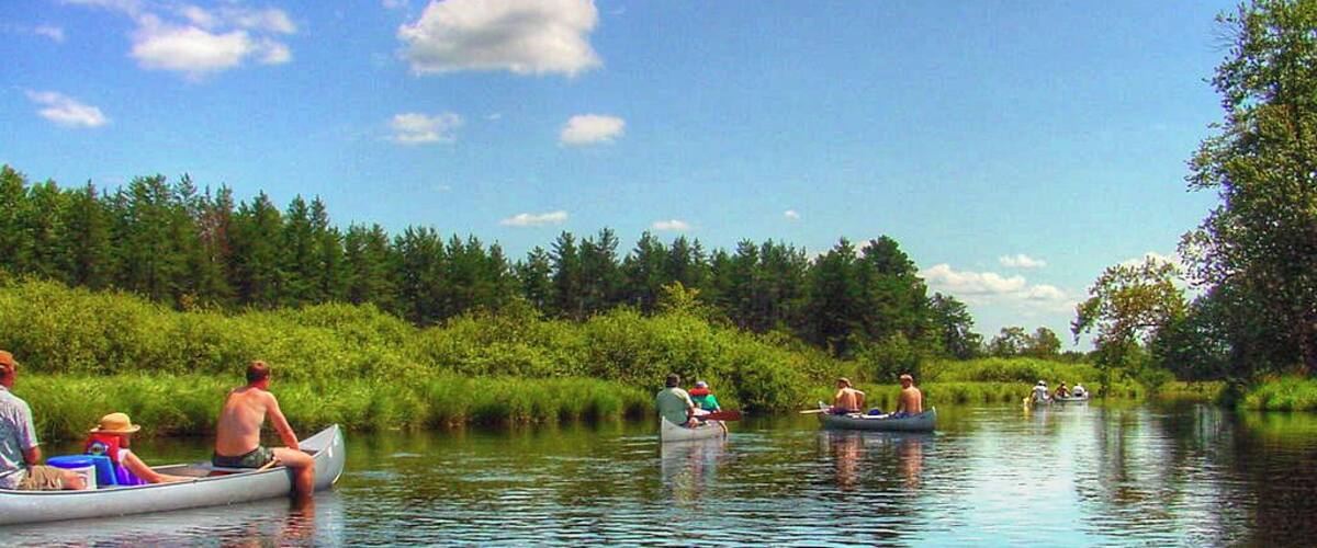 People canoeing on a calm river surrounded by lush greenery.