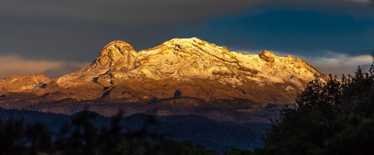 Montaña nevada con un primer plano boscoso.