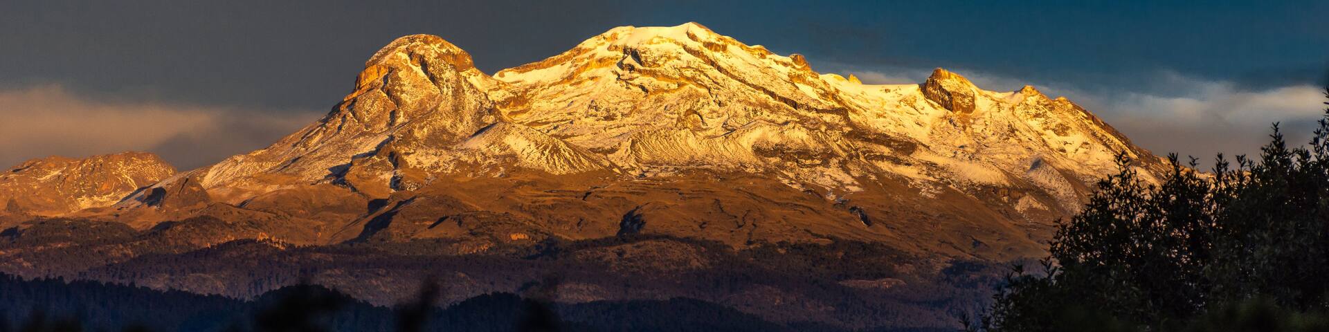 A snow-capped mountain with a forested foreground.