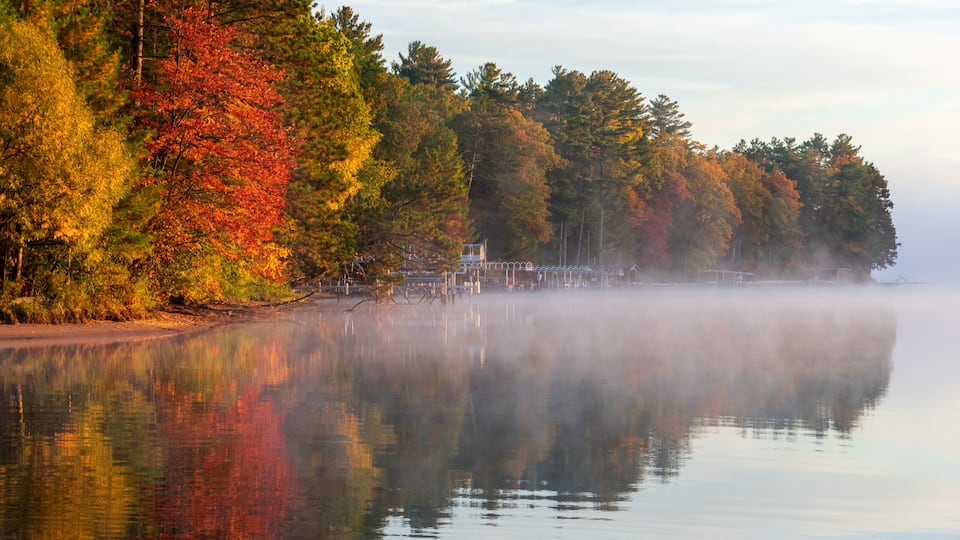 A calm lake with autumn-colored trees reflecting on the water, a misty shoreline, and a clear sky.