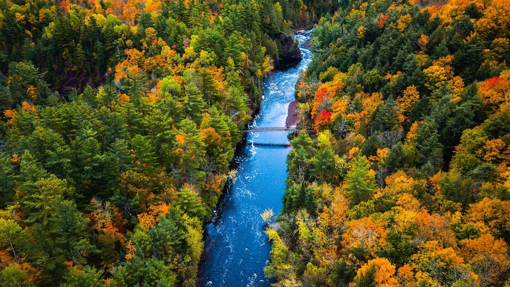 Beautiful travel aerial of a pedestrian foot bridge crossing the bright blue water of the Bad River at Copper Falls with colorful fall foliage lining the river banks in autumn in Mellen, Wisconsin.