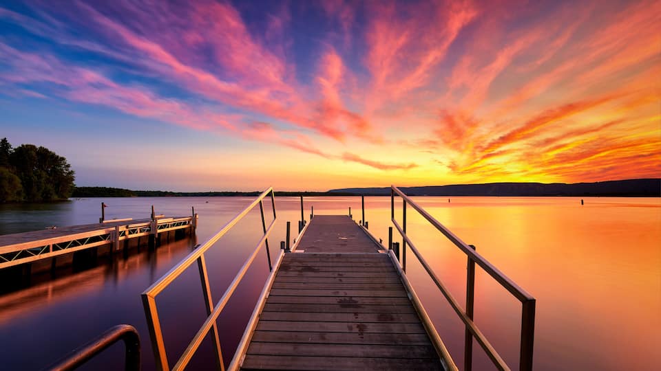 A wooden pier extending into calm water at sunset with vibrant sky colors.