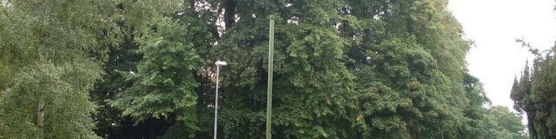 Una carretera curva con un área verde y árboles a un lado.