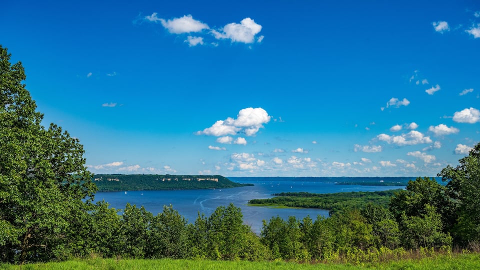 A coastal landscape with a clear blue sky, a large body of water, and a forested area.