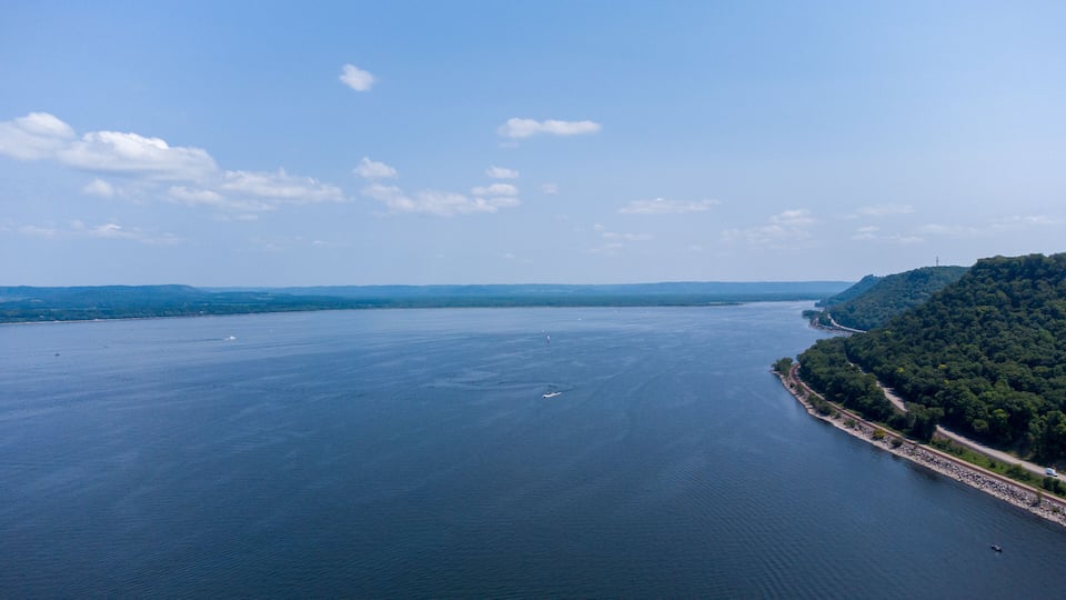 A large body of water with a forested coastline and a distant mountain range.