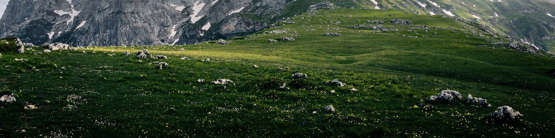 A mountain range with snow-capped peaks and a green valley.