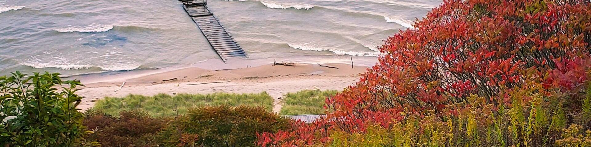 A beach with a wooden walkway extending into the water, surrounded by colorful autumn foliage.