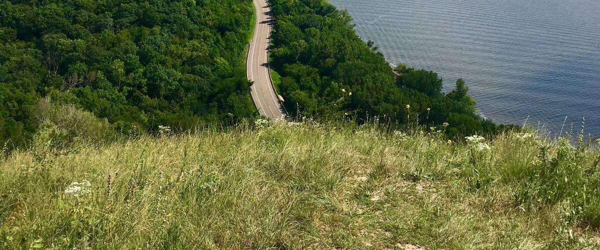 A winding road through a forested area leading to a large body of water with boats.