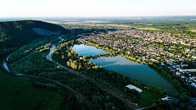 Vista aérea de uma cidade com um lago em formato de coração, rodeada por vegetação e um rio.