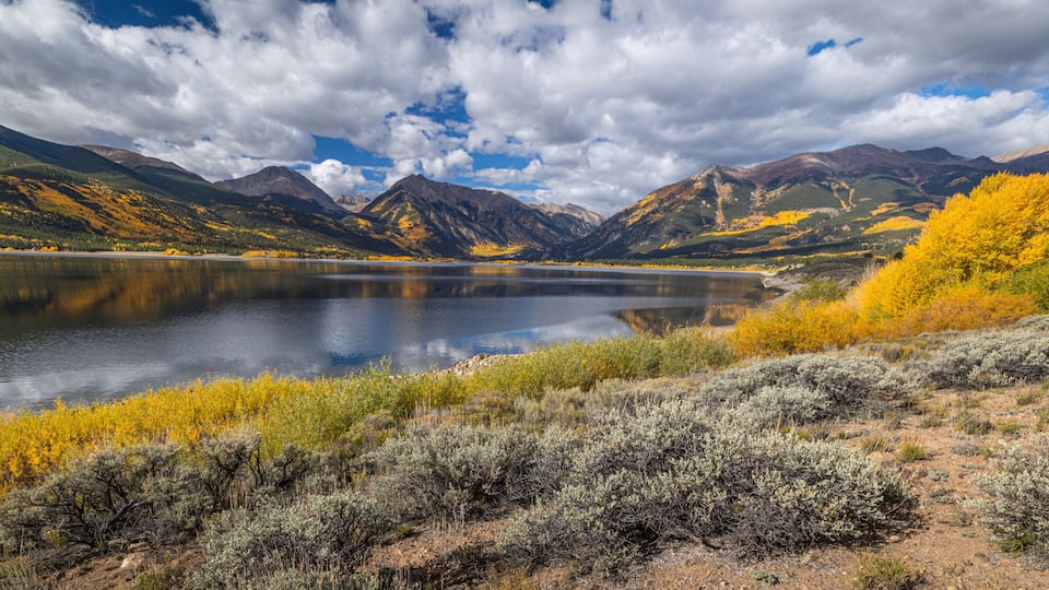 Autumn aspens and cottonwoods turn gold over Twin Lakes, in the Sawatch Mountains of Colorado, USA.