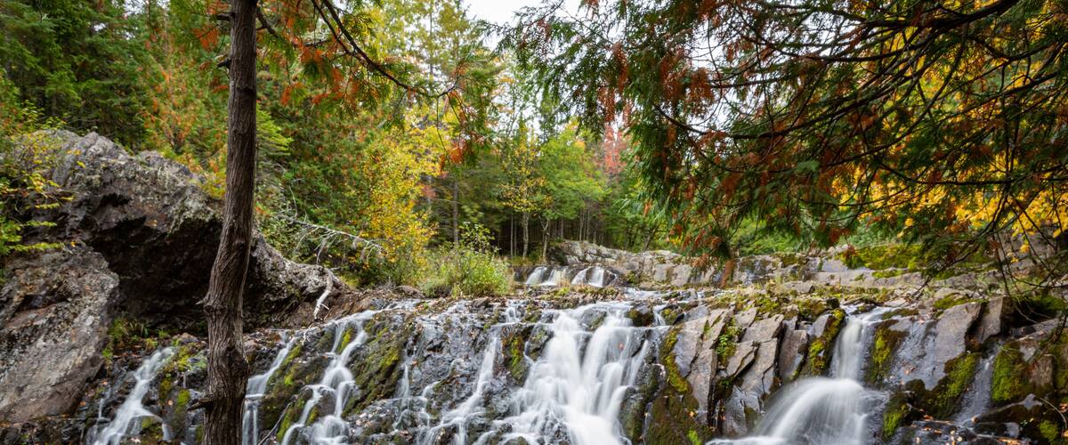 A waterfall cascading over rocks in a forested area with autumn foliage.