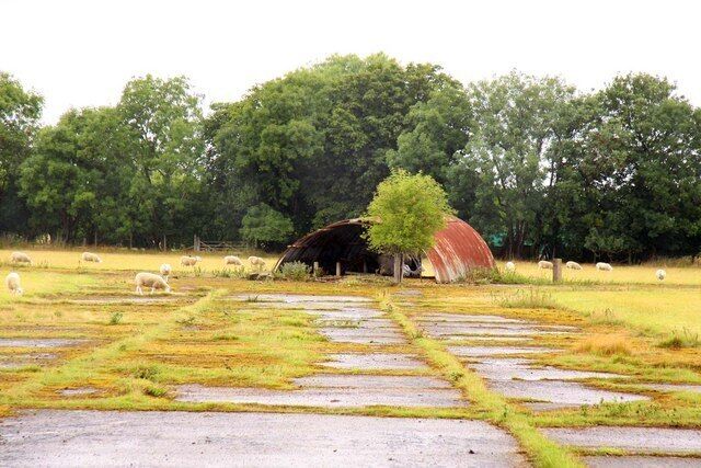 Derelict former RAF Nissen hut surrounded by sheep on what was the northern part of RAF Abingdon, Oxfordshrie (formerly Berkshire)