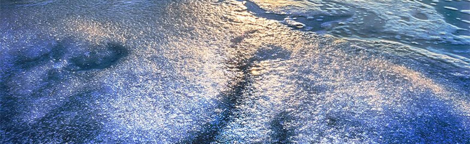 A colorful fall oak-tree leaf frozen on the icy surface at Devils Lake State Park.
Devils Lake State Park, Baraboo, Wisconsin.