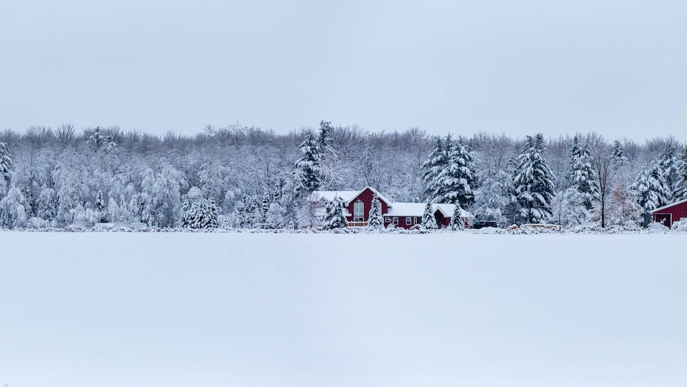 A snowy landscape with a red barn and a red shed.
