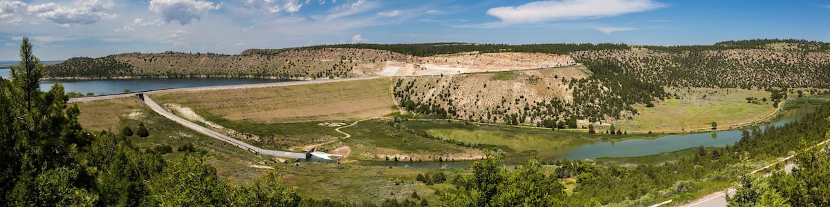 panorama shot of Glendo dam, reservoir and recreation area, near Glendo, Wyoming.