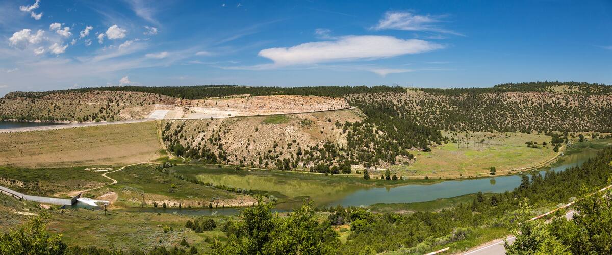 panorama shot of Glendo dam, reservoir and recreation area, near Glendo, Wyoming.