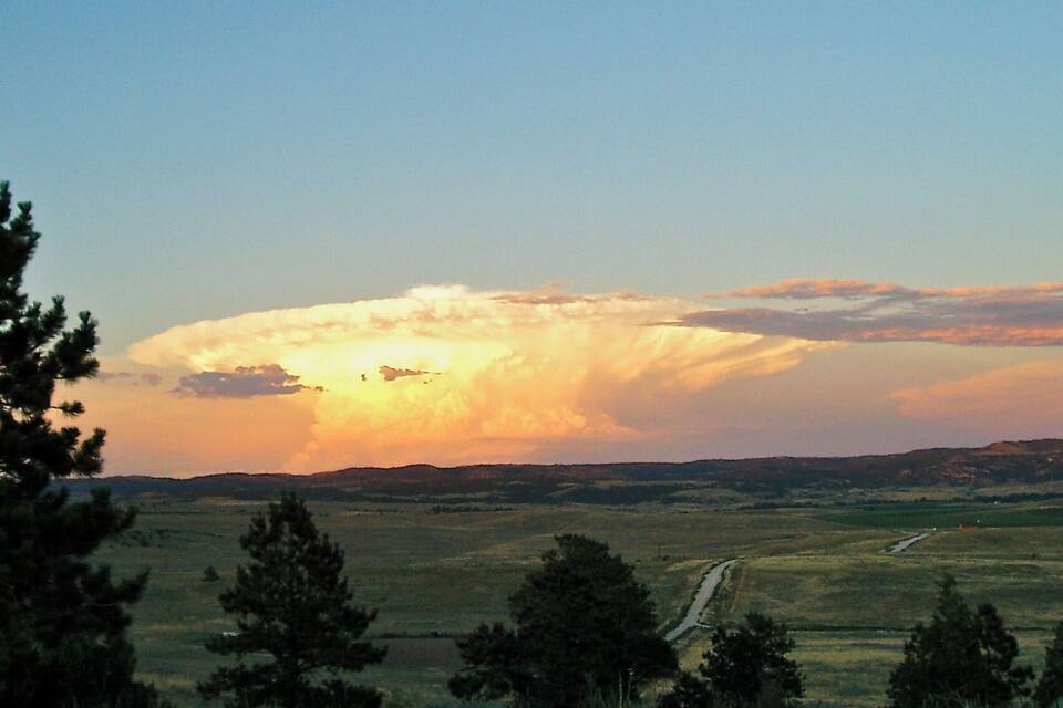 Um pôr do sol sobre um campo gramado com árvores dispersas e uma estrada sinuosa.