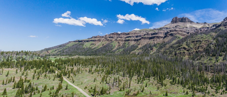 A mountainous landscape with a clear sky, a prominent rocky peak, and a forested valley.